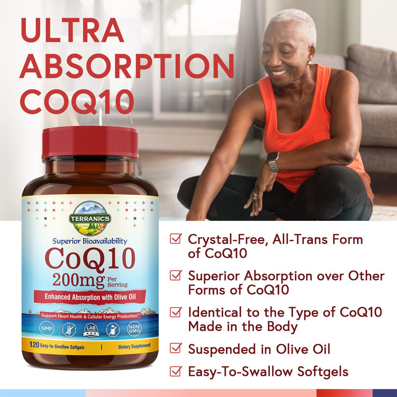 Terranics CoQ10 200mg, Coenzyme Q10 Supplement with Extra Virgin Olive Oil for Enhanced Absorption, Made in USA, Supports Heart Health, Antioxidant Protection, Energy Production, Non-GMO, 120 Softgels 120 Count (Pack of 1)