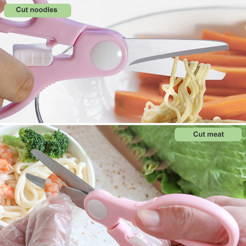 ATB Portable Baby Food Scissors Toddler Feeding Shears with Safety Lock, Food Grade Stainless Steel Material Food Supplement Scissors Suitable for Chicken Poultry Fish Meat Herbs noodles (Pink) Pink