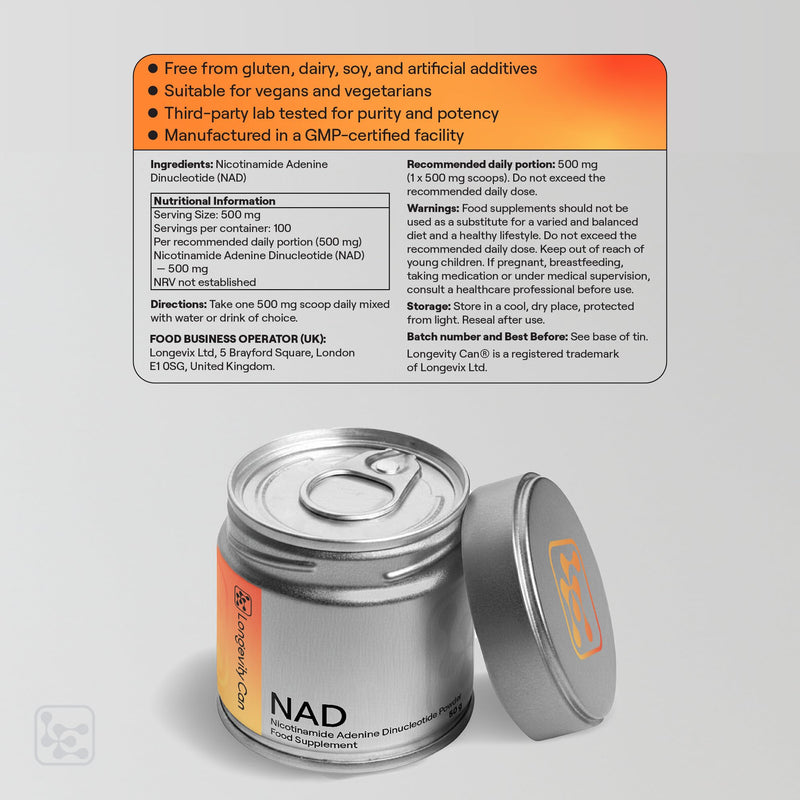 NAD Powder Pure - 500mg Approx 100 Servings/50g Tin- 3rd Party Tested, QR Verification - NAD Supplement - NAD+ Support no additives - Scoop Included - Vegan.