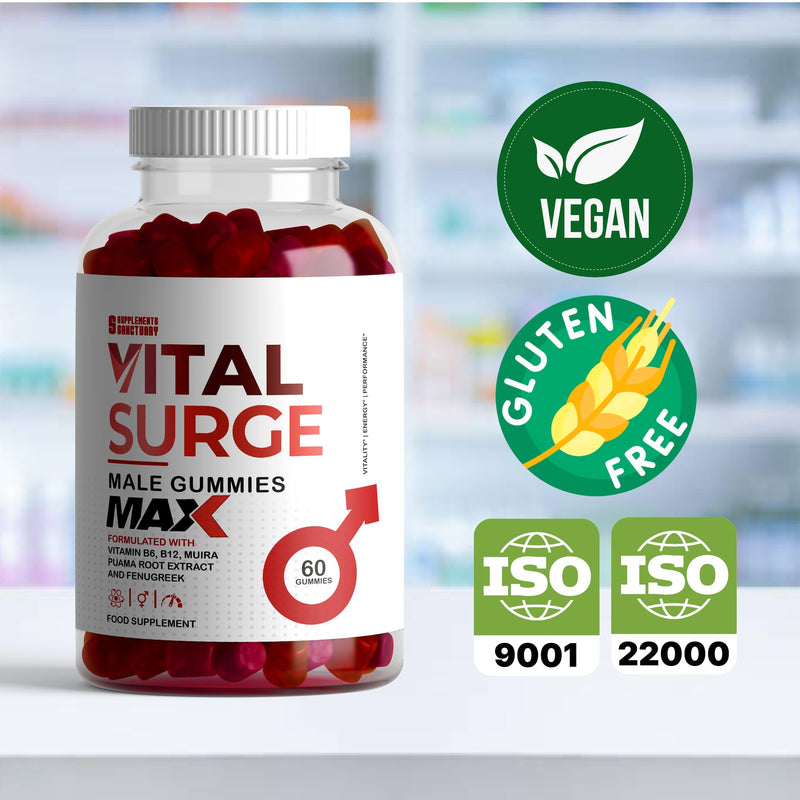 Vital Surge MAX Male Gummies, Maxed Out with Muira Puama and Fenugreek Plus Ashwagandha and Maca, Pack of 60