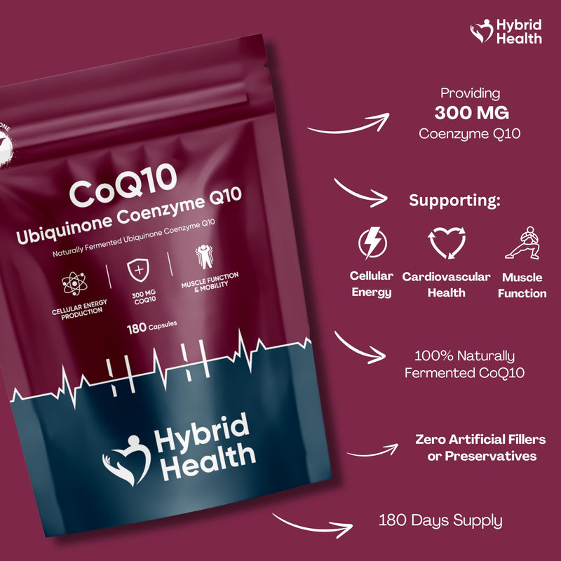 Hybrid Health Ubiquinone Coenzyme Q10 300 MG Supplement | 180 Vegan CoQ10 Capsules | Super Strength Vegan Friendly Naturally Fermented CoQ10 Supplement | Non-GMO | 6 Months Supply 180 count (Pack of 1)