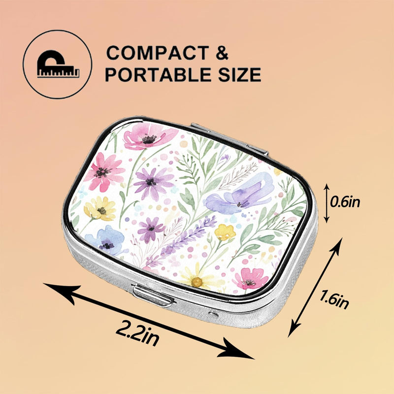 Square Pill Case Small Pill Box with Mirror Pocket 2 Compartment Vitamin Pill Medicine Case Organizer Pill Containers for Traveling Oil-Painted Wildflowers Two Wildflower Two