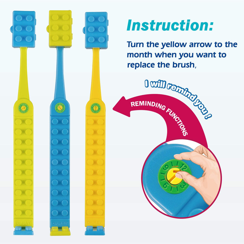 [Australia] - Dr.RAY Kids Toothbrush with Building Blocks and Toothbrush Covers, Extra Soft, Ages 6+ (Pack of 3, Multi-Colored) 