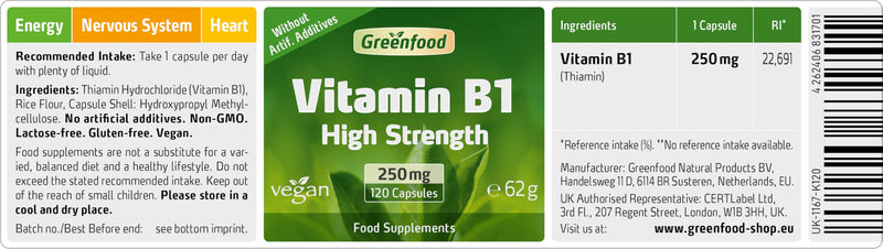 Greenfood Vitamin B1, 250 mg, Highly dosed, 120 Capsules - for Strong Nerves and a Clear Head. Without Artificial additives. Without Genetic Engineering. Vegan