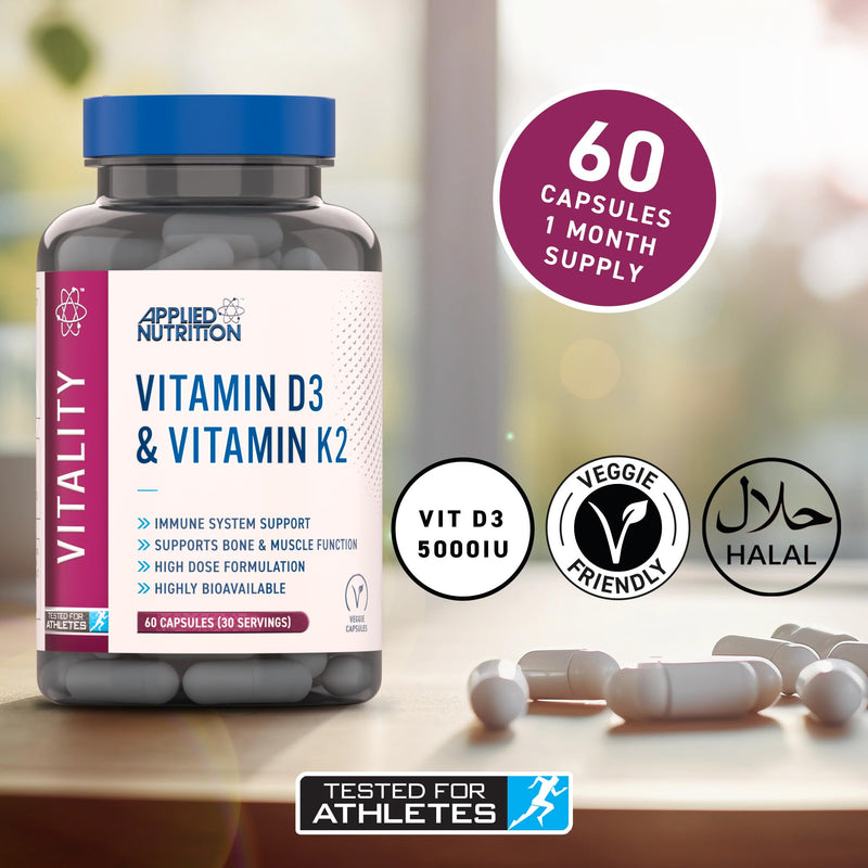 Applied Nutrition – Vitamin D3 & K2 – High Dose Formula – Best Immune Support – Best Bone & Muscle Function – Calcium Optimization & Highly Bioavailable (60 Capsules – 30 Servings)