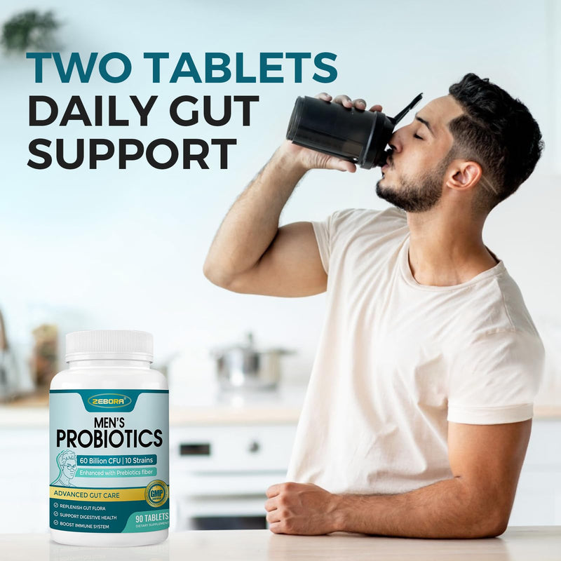 [Australia] - Probiotics for Men, Probiotics and Prebiotics for Digestive Health, 90 Tablets, 60 Billion CFUs for Immune and Gut Health, 10 Strains, Hypoallergenic Probiotics, Shelf Stable, Gluten & Soy Free 