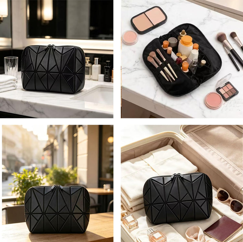 ITSCOSY Vertical Makeup Bag for Women，Waterproof Toiletry Bag,Travel Foldable Storage Organizer, Large Capacity Cosmetic Bag with 27 Pockets,Daily Skincare&Toiletry and Travel Necessity (Black) Black