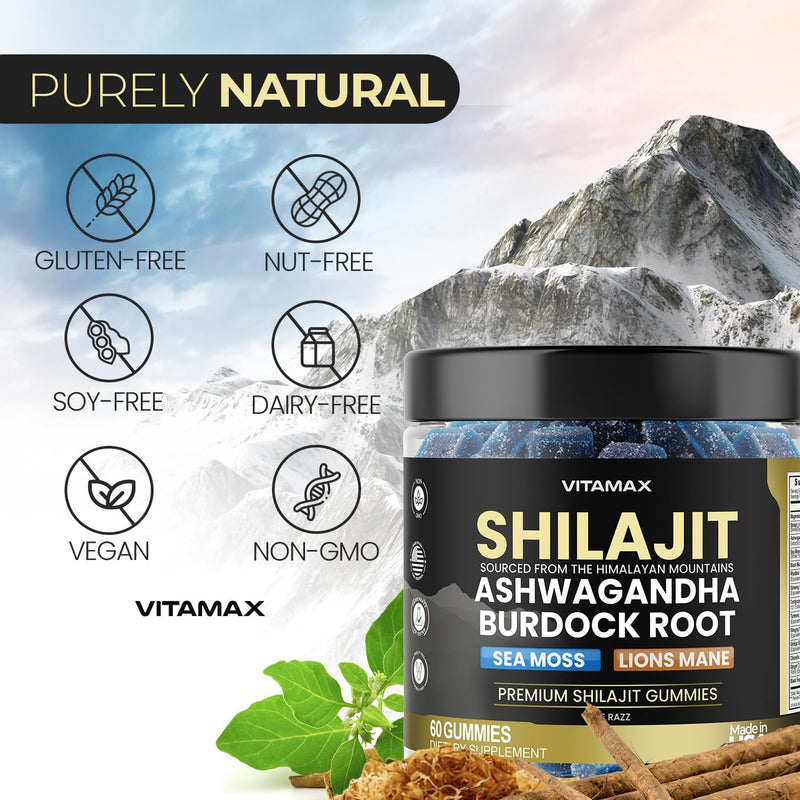 [Australia] - Organic Shilajit Gummies, Sea Moss, Ashwagandha, 105+ Trace Minerals ‚Äì Organic Burdock Root & Lions Mane Mushroom - Blue Razz ‚Äì Vegan & Non-GMO ‚Äì Made in USA ‚Äì 60ct 