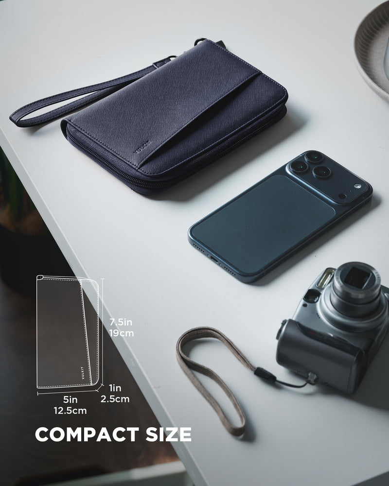 VULKIT Leather Passport Wallet RFID Blocking with Wrist Strap, Travel Document Organizer - 6 Credit Card Slots, 2 Interior + 2 Exterior Passport Slots, 2 ID Windows, Zipper Closure, Dark Blue