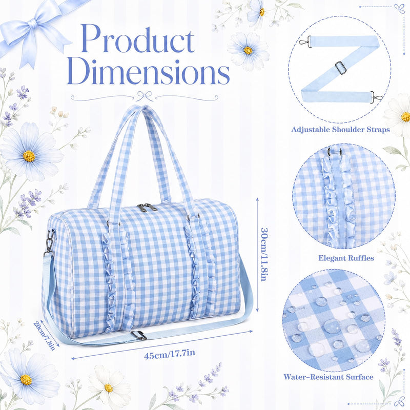 Blue Gingham Travel Duffel Bag Girls Duffle Bag with Ruffles Cute Pink Gingham Workout for Workout Travel Weekend Trip Sleepover Blue