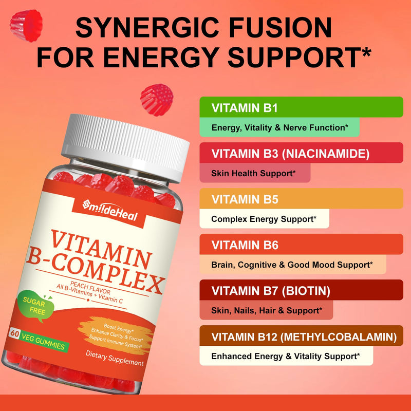 Vitamin B Complex Gummies for Women & Men - All B Complex & B12 - 60 Gummy | Vitamin B12, B1, B2, B3, B5, B6, B7 & B9 with Vitamin C & Choline - Energy & Immune Support* - Vegan, Peach Flavor 60 Count (Pack of 1)