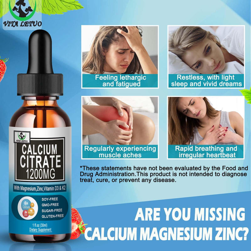 [Australia] - Calcium Citrate Supplement,1200mg Calcium with Vitamin D3 Drops for Bone,Teeth,Colon,Cardiovascular Health,High Absorption Liquid Calcium Magnesium Citrate 400mg Plus Zinc Vitamin K2,Vegan,30 Servings 