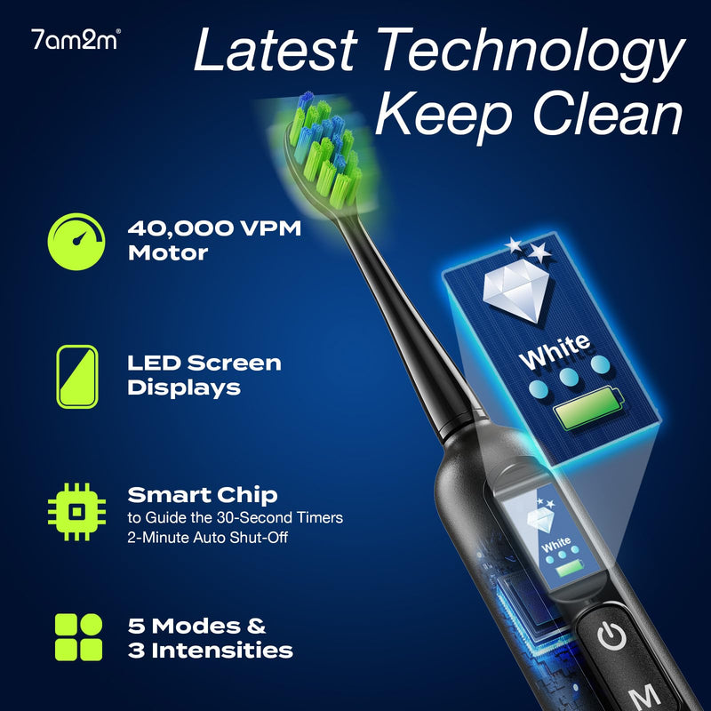7AM2M Electric Toothbrush for Adults & Teens with LED Screen, 3 Intensity Levels & 5 Modes, One Charge for 90 Days, Fast Charge & Holder, 2 Mins Built in Smart Timer, with 8 Brush Heads (Black) Black