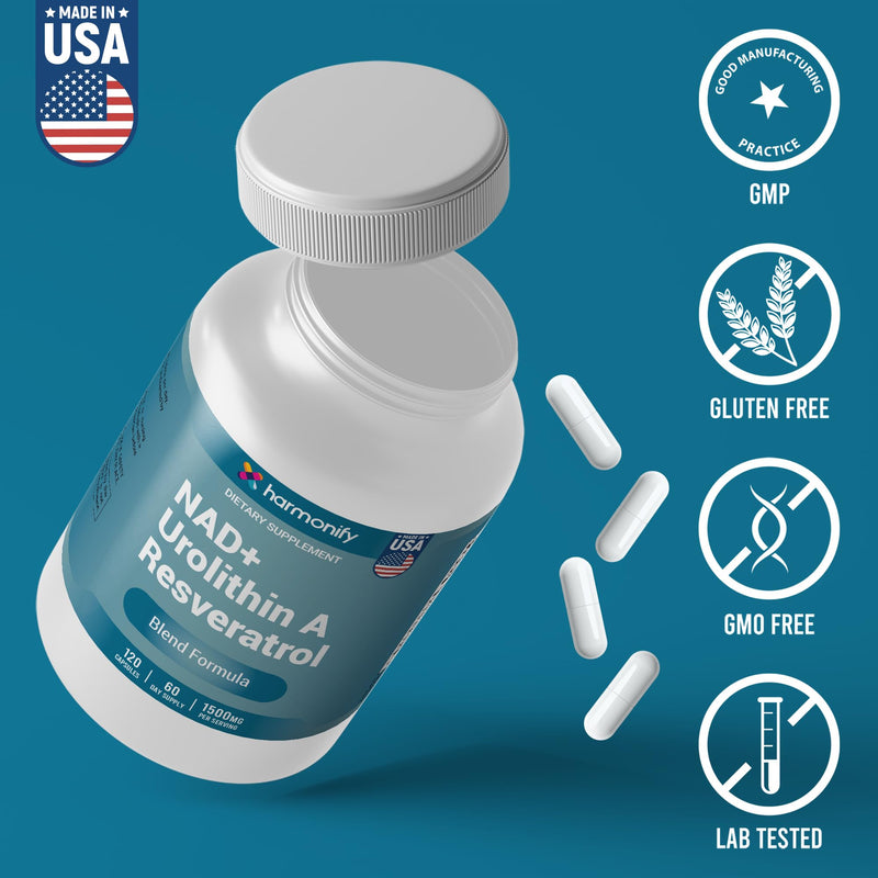 NAD Nicotinamide Riboside Resveratrol with Urolithin A 1500mg, Advance Support Supplement, 120 Capsules, Proudly USA Company