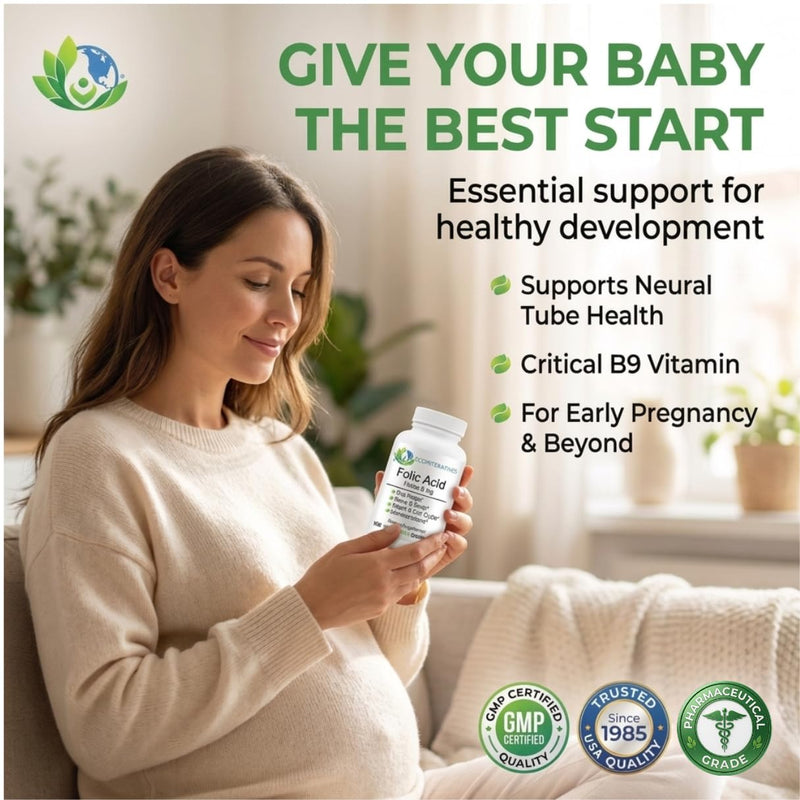 EcoIntegratives Folic Acid Folate 5mg (B9) Prenatal, Reproductive Health, Homocysteine, Metabolism, Cardiovascular, Bone, Immune Support, Allergen Free, Non GMO - 100 Vegan Capsules 1