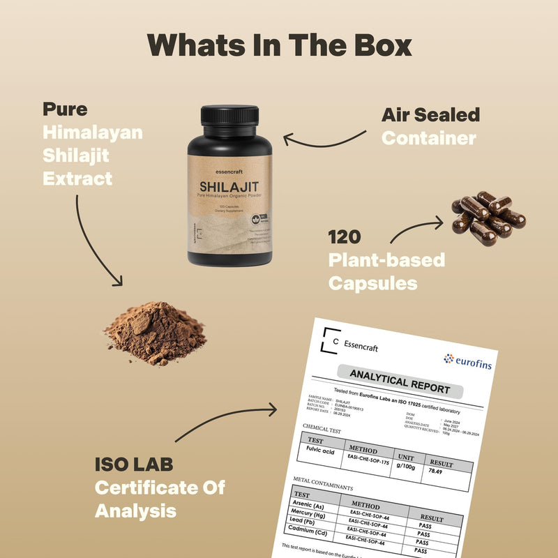 [Australia] - Organic Himalayan Shilajit Resin Extract - 1000mg Max Potency, Lab Tested Pure Shilajit for Men & Women, 85+ Trace Minerals Fulvic Acid, Immune Support, Energy, Cognition, 2 Month Supply, 120 Capsules 
