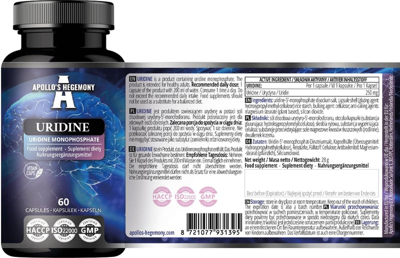 Uridine 250 mg - UMP Disodium Salt, 60 Vegan Capsules | 60-Day Supply | Nervous System Support & Cellular Health - by Apollo's Hegemony