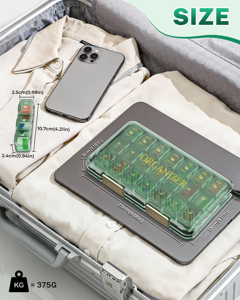 Weekly Pill Organizer 3x a Day - 7 Day Pill Box with 21 Compartments (Morning/Noon/Night), BPA-Free Daily Pill Case, Portable Medicine Organizer for Vitamins, Supplements & Medication【Upgrade】 (Green)