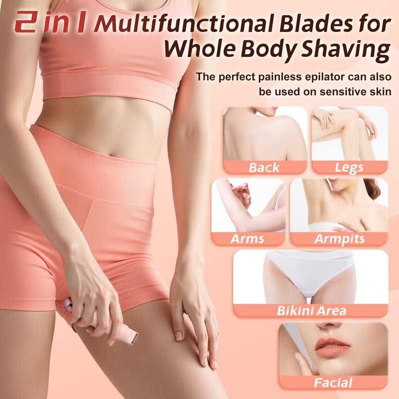 2 in1 Bikini Trimmer for Women, Dual-Head Electric Razor & Painless Hair Removal - Waterproof Cordless Lady Shaver for Body, Face Underarm, Intimate Areas, Facial Bikini Shaver (Pink) Pink