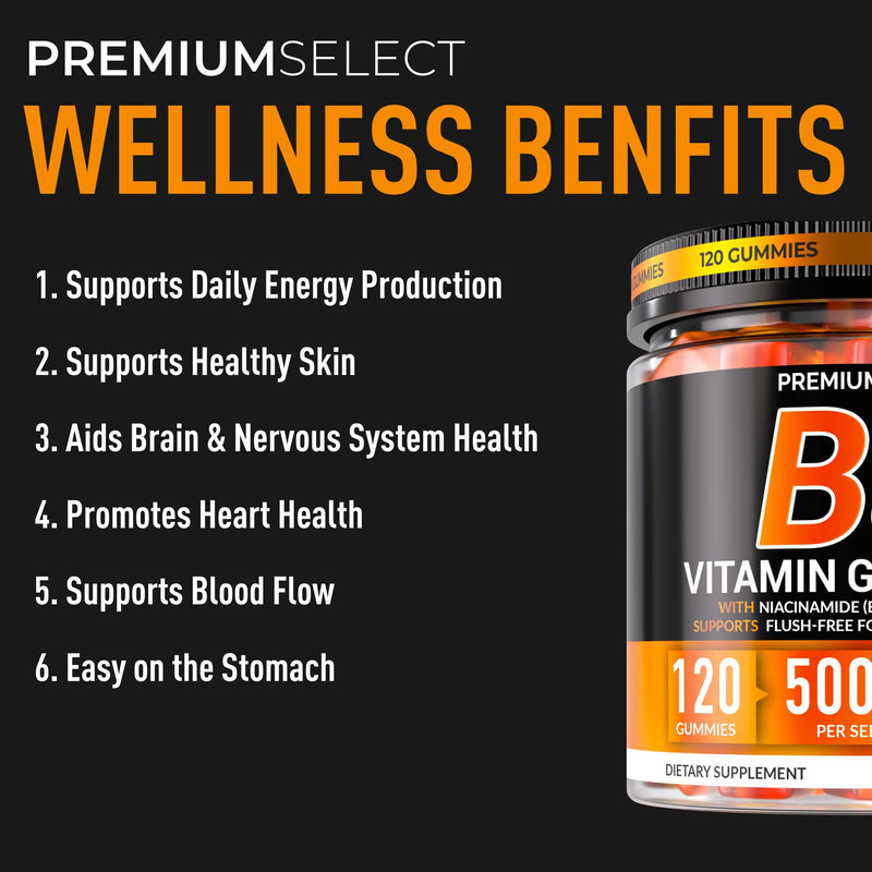 Vitamin B3 Gummies Niacinamide 500mg – Flush-Free Niacin Supplement with Vitamins A & E – 120 Vegan Gummies for Adults – Non-GMO, Sugar-Free, Gluten-Free – 2-Month Supply