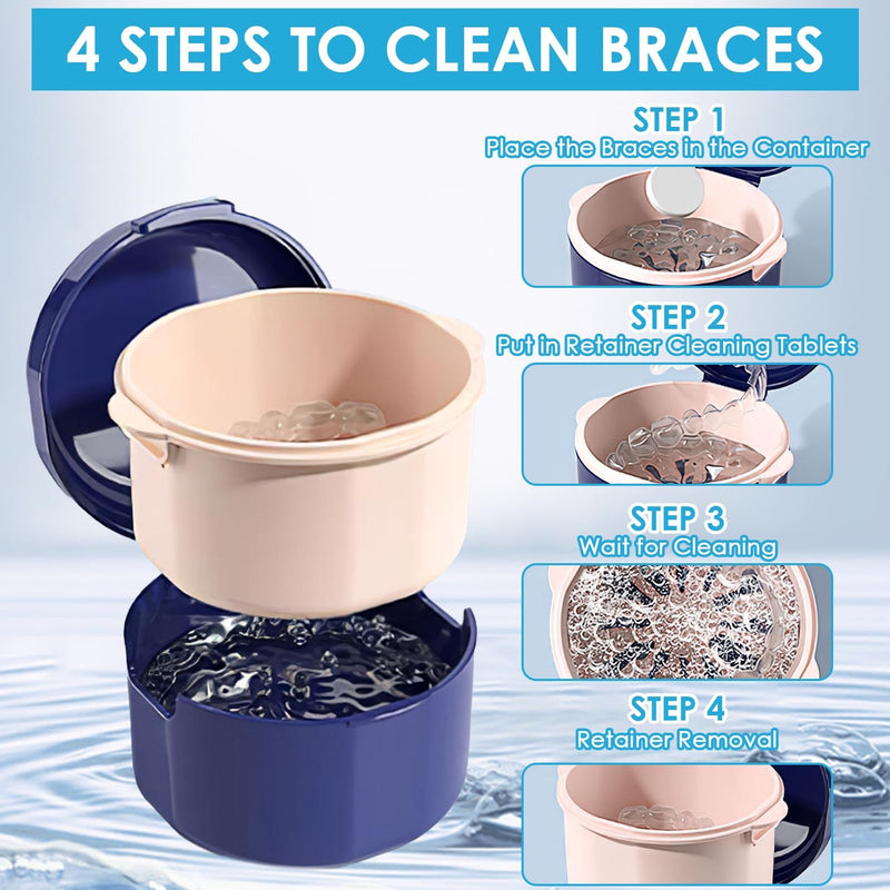 [Australia] - Braces box with strainer, portable denture box cover in blue, double layer hollow drain, effective cleaning box for orthodontic brackets 