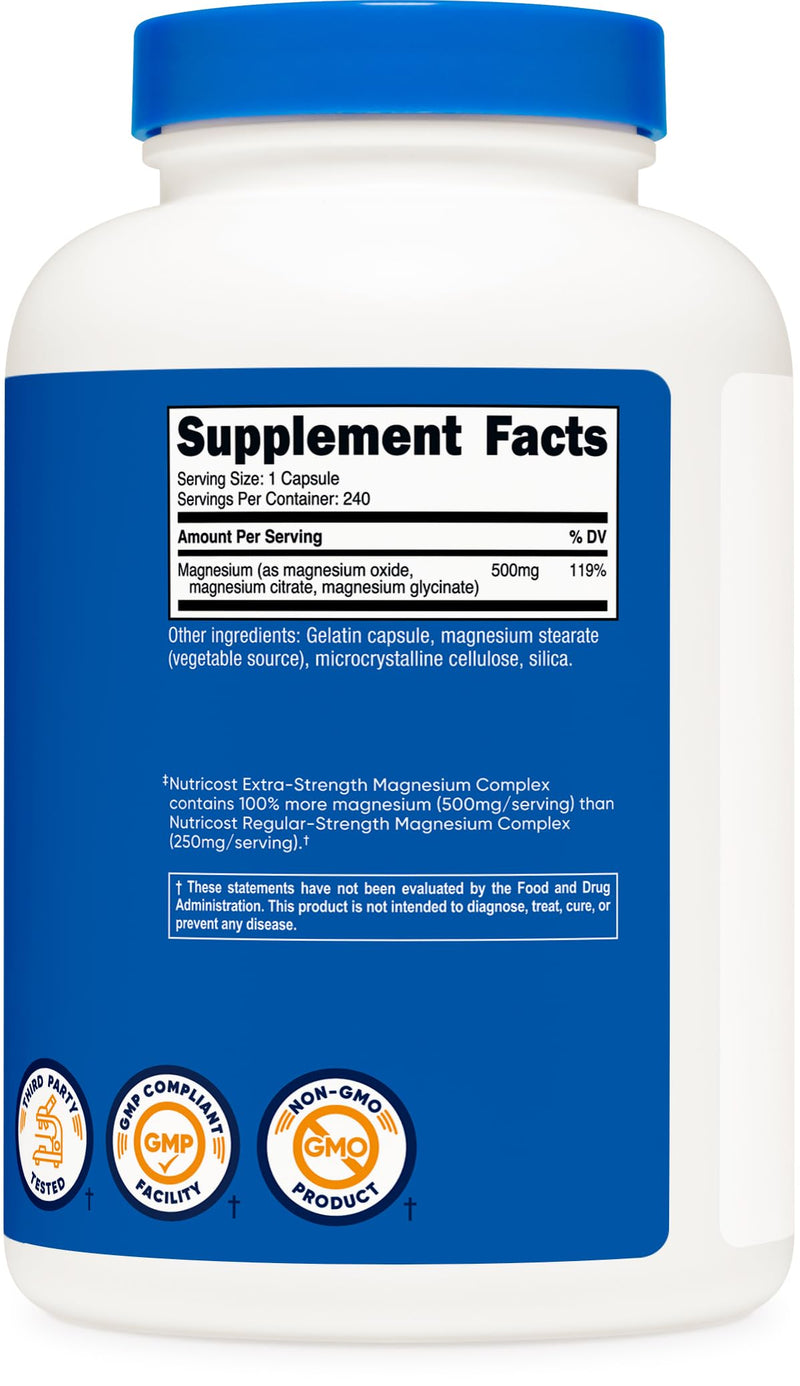 [Australia] - Nutricost Magnesium Complex 500mg, 240 Capsules - Magnesium Oxide, Citrate, and Glycinate - Gluten Free and Non-GMO 