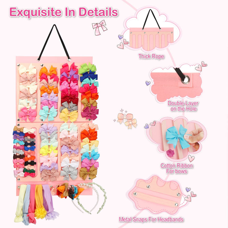 [Australia] - Vimiv Hair Bows Holder w/Large Capacity, Hair Clips Storage Hanger w/16 Ribbons, Hair Bows Organizer, Baby Accessory Display w/Sturdy Rope, Wall Hanging for Girl Room, Nursery Decors Adorable Pink 
