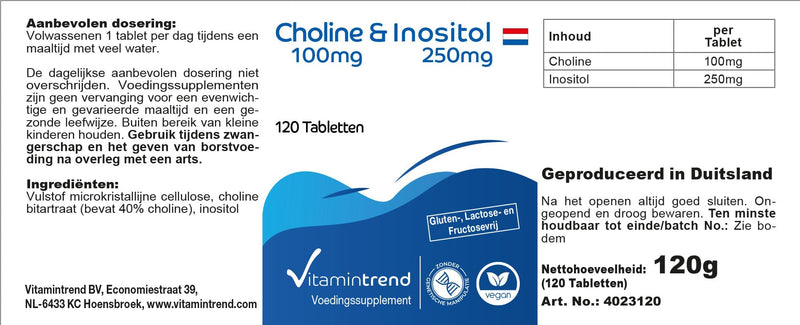 [Australia] - Choline & Inositol - with 100mg choline and 250mg inositol - 120 tablets - high dosage - vegan - bioavailable supplements from Germany | Vitamin trend 