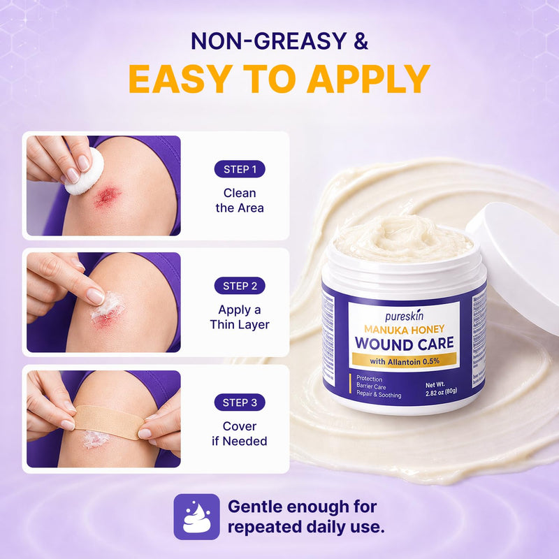 PURESKIN Manuka Honey Wound Care Ointment 2.82 oz (80 g): Manuka Honey Medical Grade Gel for Wounds, Cuts, Scrapes & Burns with Allantoin 0.5%, Tallow & Vitamin E - Fragrance-Free 2.82 Ounce (Pack of 1)