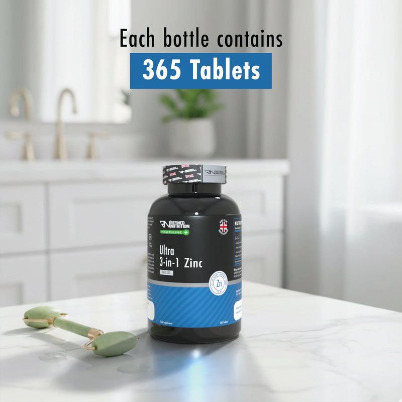Refined Nutrition Ultra 3-in-1 Zinc Tablets | 25mg High Strength Zinc Picolinate, Bisglycinate & Citrate with Copper | 365 Vegan Supply (1 Year) | Immune System & Skin Support | UK Made 365 count (Pack of 1)