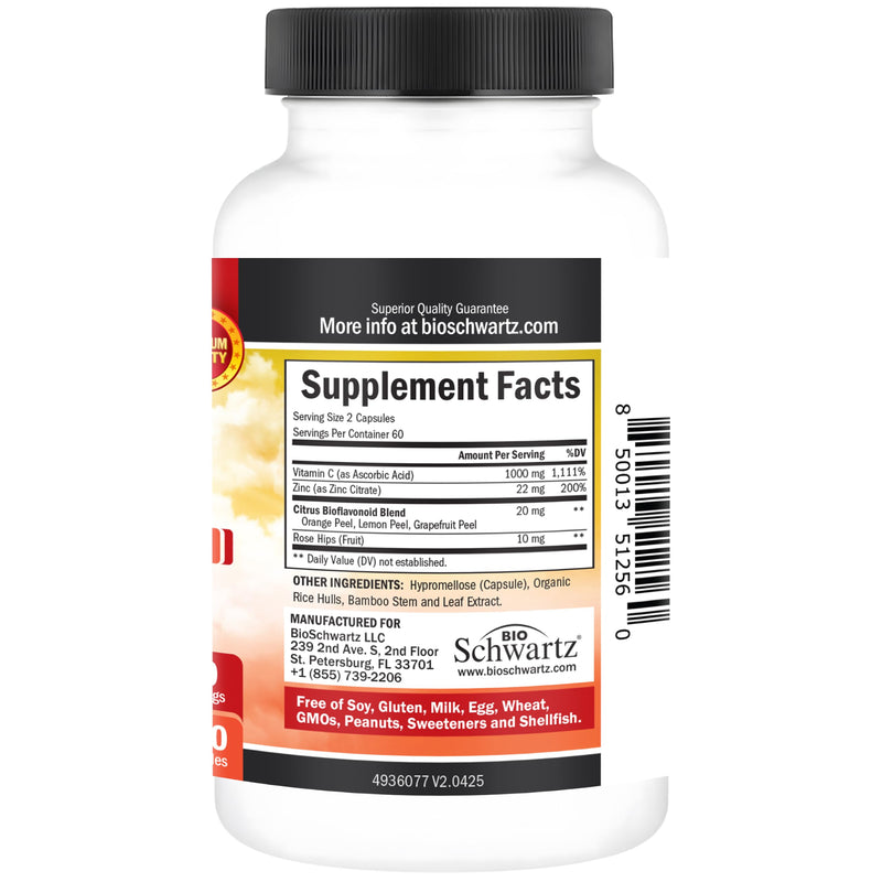 BioSchwartz Vitamin C Complex Supplement - Vitamin C 1000mg Capsules | with Rose Hips Zinc & Citrus Bioflavonoids for Immune Health, Cellular Energy, Collagen Production, 120 Count, 60 Servings