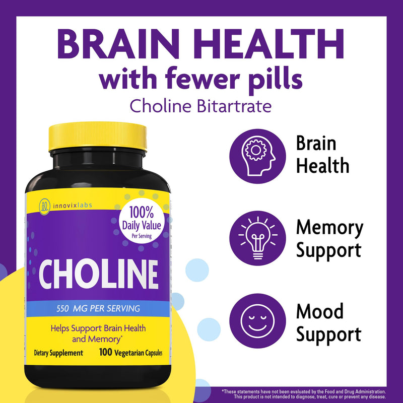[Australia] - InnovixLabs Choline Supplement 550mg Pure Choline Bitartrate for Brain Health, Focus, Memory, Cognitive Development, Fatty Liver and Mood Support for Women and Men, 100 Capsules 