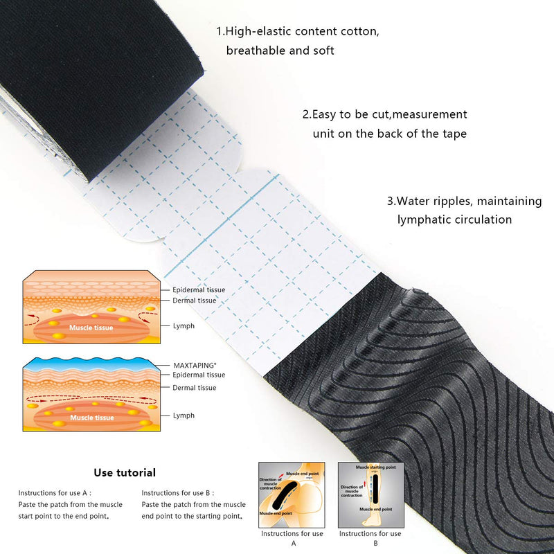 [Australia] - AUPCON Kinesiology Tape Elastic Therapeutic Athletic Tape Hypoallergenic Breathable Cotton Sports Muscle Tape Therapy Recovery Support for Knee Shoulder Ankle Elbow Shin (Black-precut-6rolls) Black-precut-6rolls 