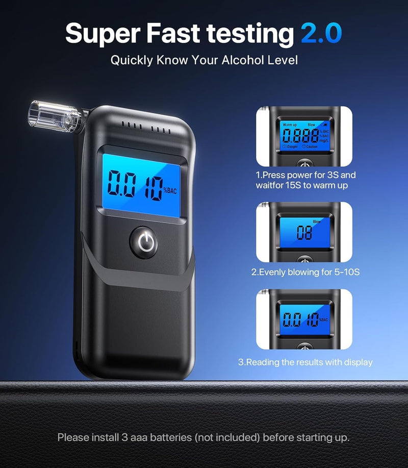 Breathalyzer, 2026 Breathalyzers for Alcohol with LCD Digital Display Personal Portable Alcohol Breathalyzer Testerfor Home and Party Use (Includes 10 Mouthpieces)