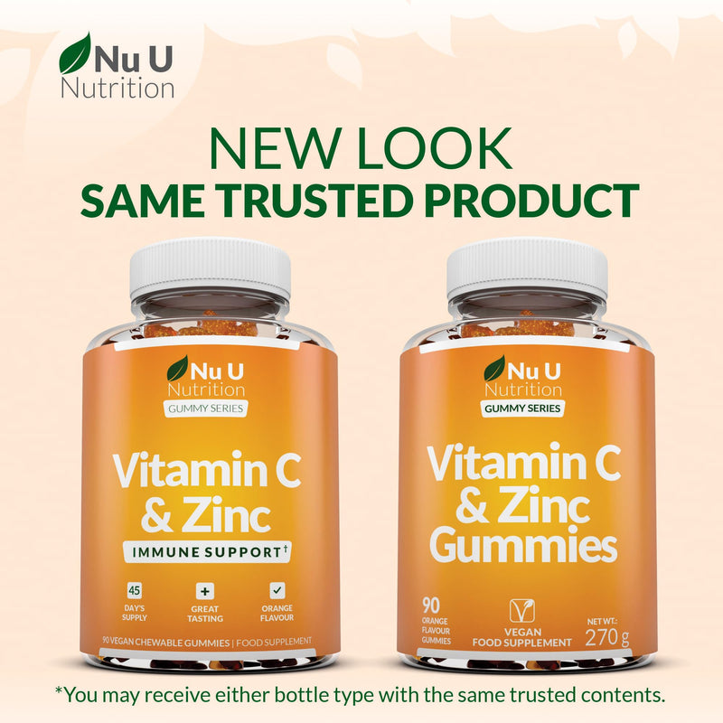 Nu U Nutrition - Vitamin C and Zinc Gummies - 90 Vegan Gummies - 120mg Vitamin C & 12mg Zinc per Serving - Natural Orange Flavour - Made in the UK