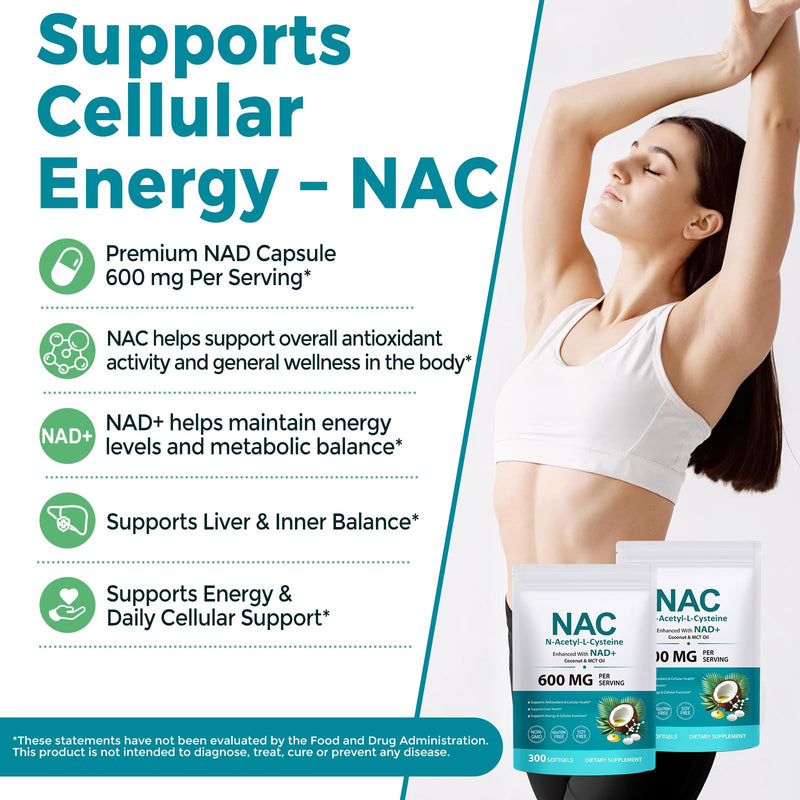 NAC N-Acetyl-Cysteine 600mg, 300 Softgels NAC Supplement with NAD+ & MCT Oil | N-Acetyl Cysteine with Coconut Oil Vegetarian Capsules for Antioxidant Supports Liver & Energy Non-GMO Gluten Free