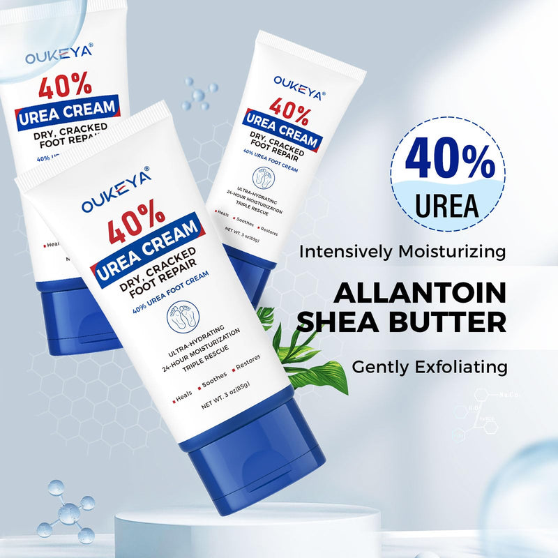 OUKEYA Urea Cream 40 Percent Tube 3 Oz, Urea Foot & Hand Cream for Dry Cracked, 40 per Urea Lotion for Feet Maximum Strength 3 Ounce(Pack of 3) | Moisturizing, Exfoliating, Softening, Feet, Heels, Elbows Knees, Non-Greasy, Fast-Absorbing