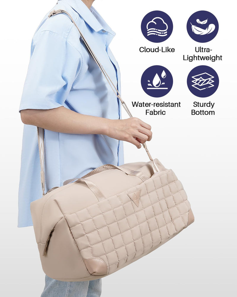 Duffle Bag, Women Weekender Travel Carry On Gym, 25L Water Resistant | Built-In Wet Pocket, Lightweight, Removable Crossbody Strap, Stain Resistant Nylon, Luggage Sleeve, for Yoga Overnight Trip Camel