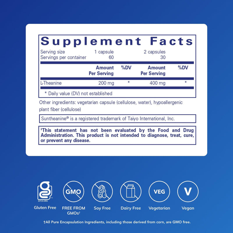 [Australia] - Pure Encapsulations L-Theanine - Amino Acid Supplement to Support Relaxation, Stress & Nervous System - 60 Capsules 60 Count (Pack of 1) 