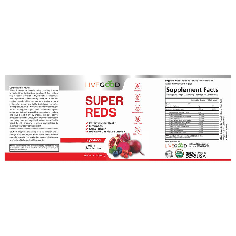 [Australia] - LIVEGOOD™ Organic Super Reds with Alfalfa, Barley Grass, Beet Root, Pomegranite, Grape Seed, Vegan, Gluten Free, 7.2 oz. 