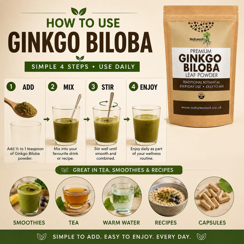 Nature’s Root Organic Ginkgo Biloba Powder 250g – Premium Botanical Leaf Powder – Vegan Herbal Supplement – Fine Milled Powder for Smoothies, Tea & Daily Wellness Routine 250 g (Pack of 1)