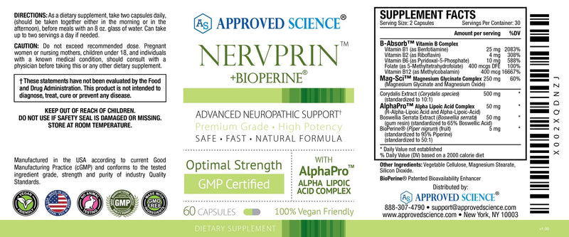 Approved Science Nervprin - Nerve Support - Benfotiamine, B12, R-Alpha-Lipoic Acid, Corydalis, Boswellia, BioPerine - 60 Capsules - Made in The USA 60 Count (Pack of 1)