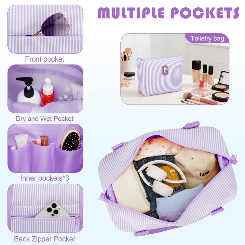 Birthday Gifts for Teen Girl Women Initial Travel Duffle Bag | Cute Overnight Weekender Bag with Makeup Pouch, Personalized Dance Gymnastics Bag, Purple-G G