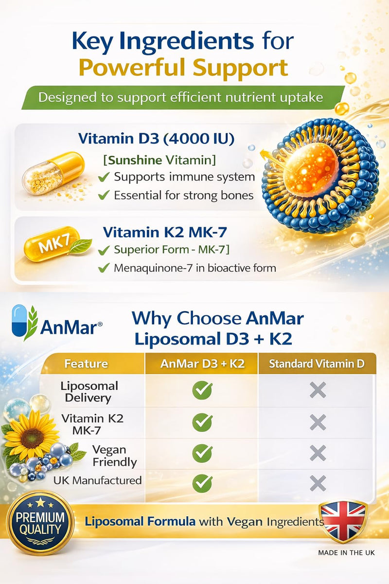 AnMar® Liposomal Vitamin D3 + K2 Liquid – High Strength 4000 IU D3 with MK-7 Vitamin K2 – Apple & Vanilla Flavour Liposomal Vitamin Drops – 60ml (60 Servings)