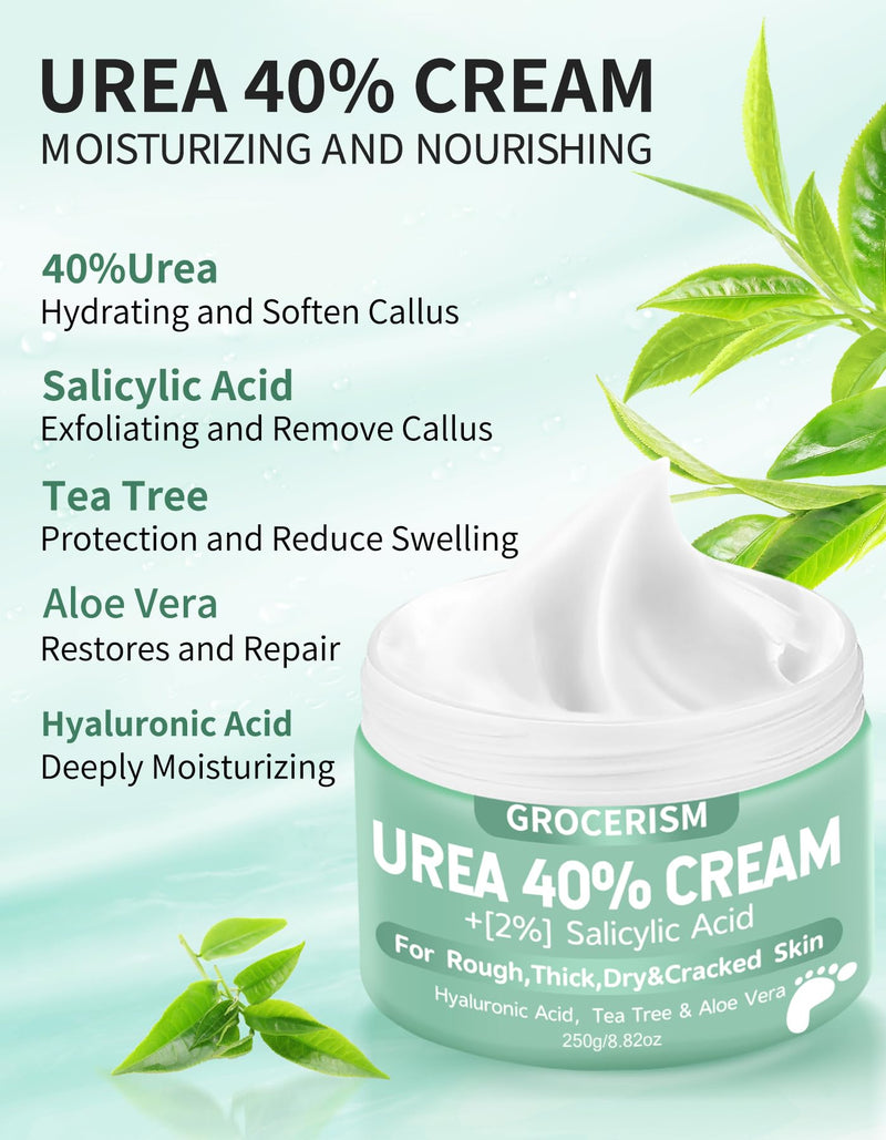 Grocerism Urea Cream 40% for Feet Maximum Strength Hand & Foot Cream 8.82oz | with 2% Salicylic Acid, Aloe Vera & Hyaluronic Acid, for Cracked Heels, Calluses & Rough Dry Skin 8.82 Ounce (Pack of 1) 40%