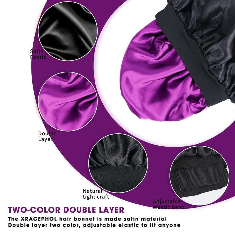 [Australia] - Silk Bonnet for Sleeping Double Layer Satin Bonnet Adjustable Bonnets for Black Women Sleep Cap Reversible Hair Bonnet for Curly Hair (Black and Purple) Black and Purple 