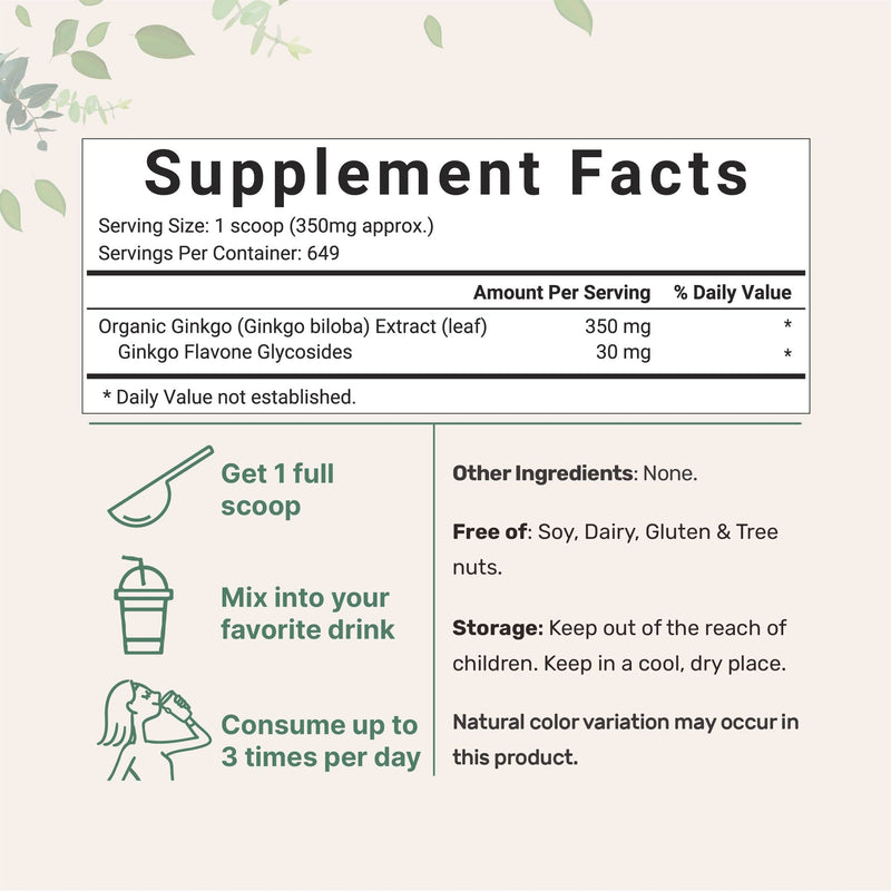 [Australia] - Micro Ingredients Raw Organic Ginkgo Biloba Powder, 8 Ounce (18 Months Supply), Filler Free, Supports Brain Function and Mental Alertness, No GMOs and Vegan Friendly 