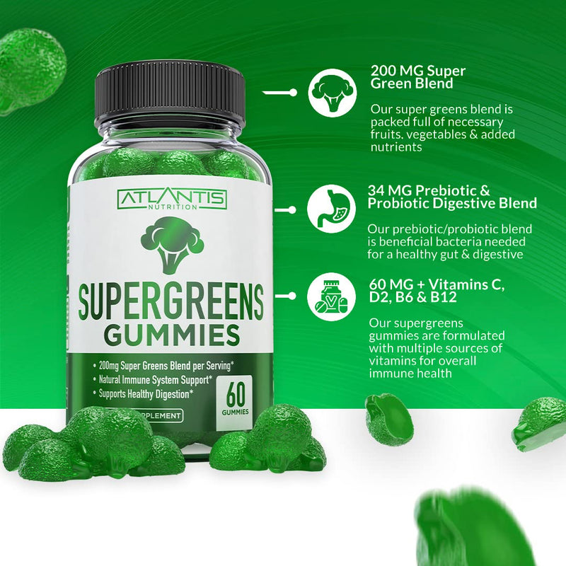 Supergreen, Magnesium & Ashwagandha Gummies - Improves Sleep & Helps Muscle Cramps, Supergreens with Spinach, Broccoli, Beetroot, Green Tea, & Acai for Immune Support - 60 Gummies