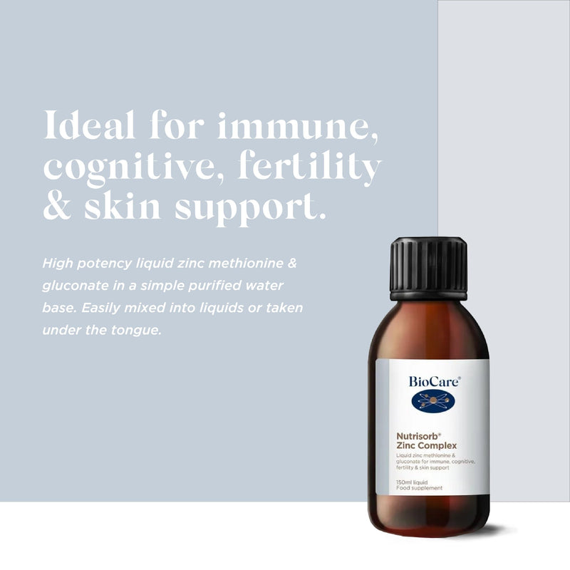 BioCare Nutrisorb Zinc Complex - High Potency Liquid Zinc Methionine & Gluconate for Immunity, Skin, Hair, Nail & Cognitive Support - 150ml