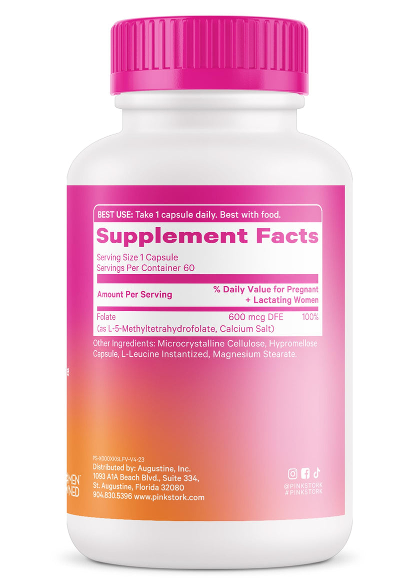 [Australia] - Pink Stork Folate: Methyl Folate - MTHFR Acid, Natural Form of Folic Acid for Pregnancy, Formulated for Mom + Baby, Women-Owned, 60 Capsules 